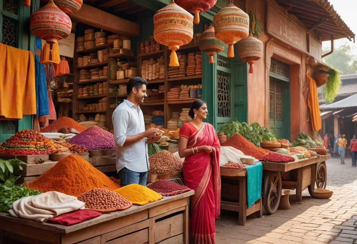 A picturesque scene depicting a vibrant Indian market filled with colorful textiles and spices, in the foreground a couple sharing a tender moment, exploring local crafts. Traditional architecture and lush greenery in the background, symbolizing rich culture and romance. Warm, inviting colors that evoke a sense of nostalgia. super-realistic. vibrant colors. 3D.