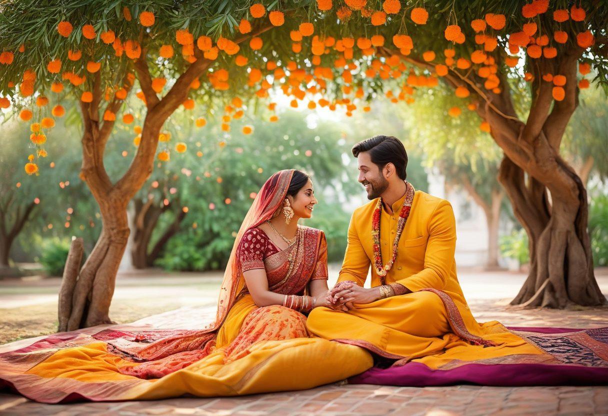A beautiful couple sharing a heartfelt moment under a blossoming mango tree, adorned with marigold flowers. The background features traditional Indian decor with intricate patterns and warm, inviting colors. Including elements like a colorful dupatta fluttering in the breeze and twinkling fairy lights to enhance the romantic atmosphere. The scene should evoke emotions of love, passion, and cultural richness. super-realistic. vibrant colors.