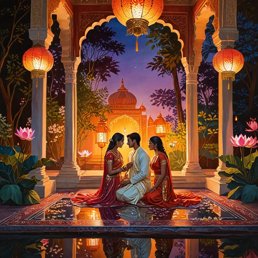 A beautifully illustrated scene depicting a couple in a vibrant Indian setting, surrounded by elements symbolizing love like lotus flowers and lanterns. The couple is sharing a tender moment, with soft glances and subtle smiles, while traditional Indian architecture forms the backdrop. Use rich colors to evoke warmth and emotion. Capture the essence of romance with an ethereal glow around them. painting. vibrant colors.